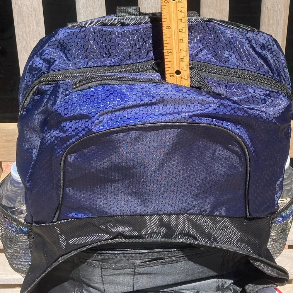 Reflective Blue Backpack Black Trim Side Pockets New